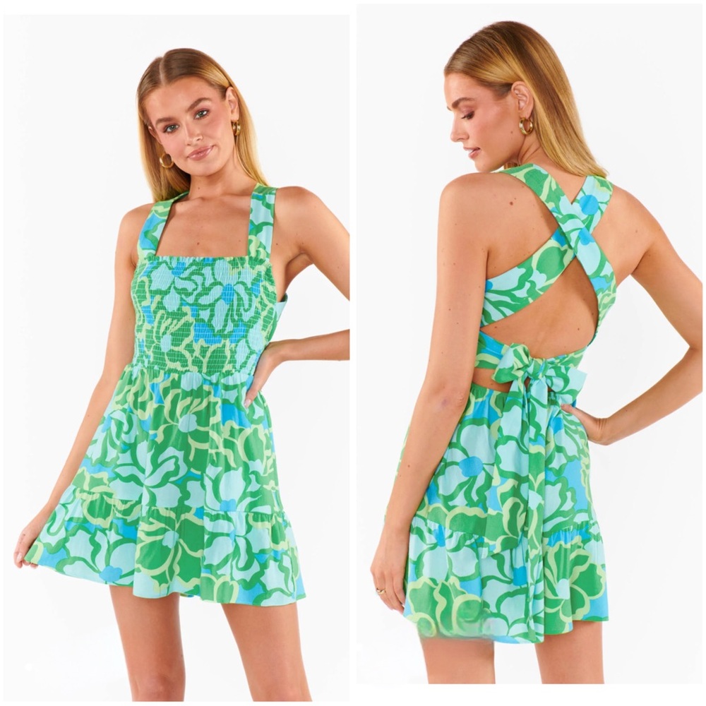 Show Me Your Mumu Revolve Collins Mini Green and Blue Floral Dress.